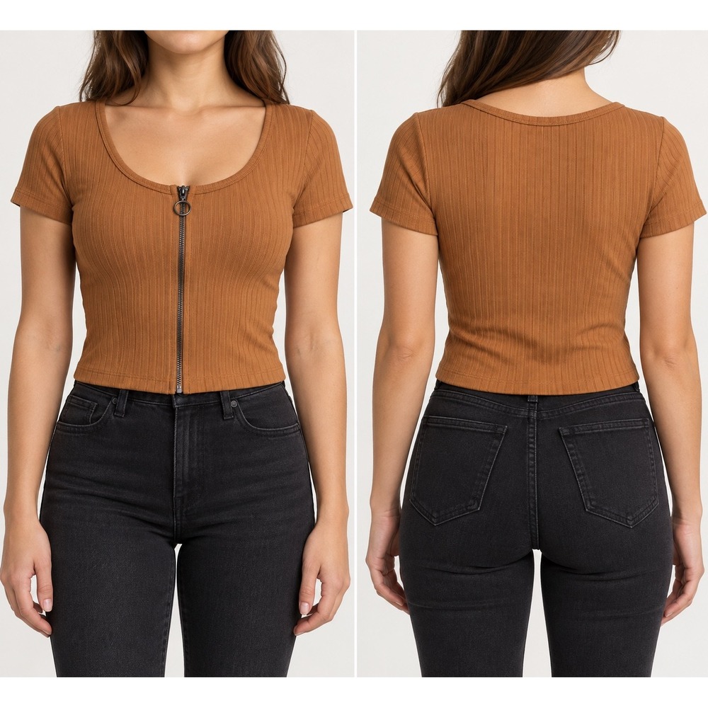 Pink Rose Cognac Brown Ribbed Zip Front O-Ring Crop Top Small PF1K12398